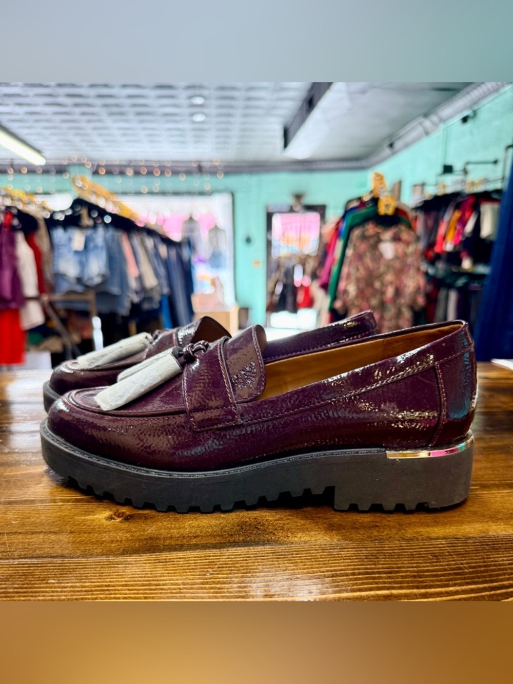 Franco Sarto Carolynn Patent Burgundy Tassel Lug Loafers - Picture 2 of 4